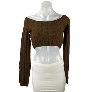 NEW NA-KD Brown Off The Shoulder Cable Knit Long Sleeve Crop Top Sweater Size S